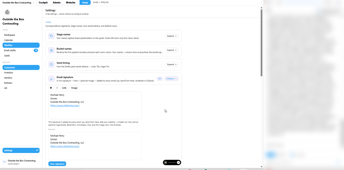 Fig 5. INVAS Settings → Email signature. 1nicorn captured your signature from sent mail; edit it any time.