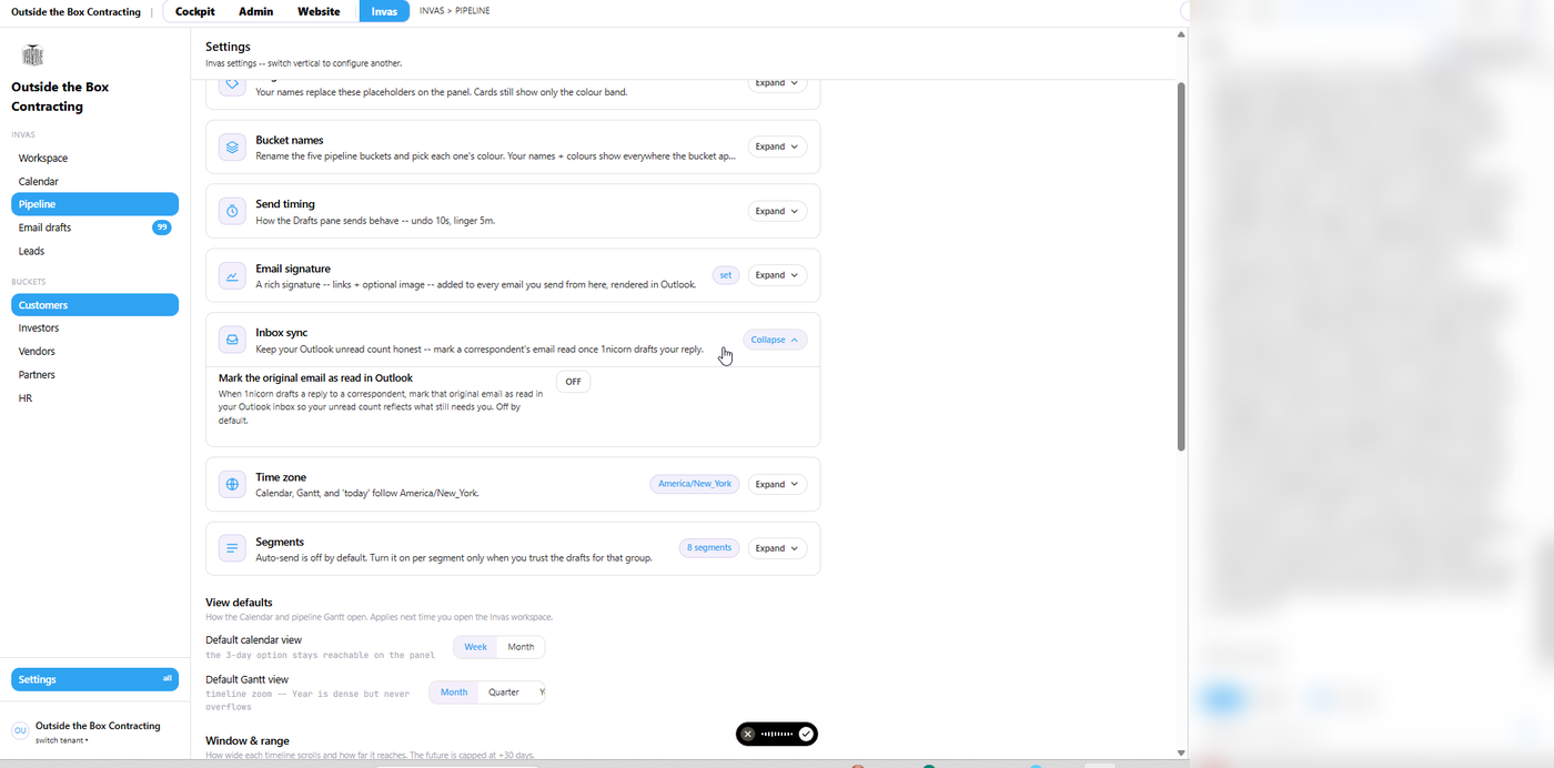 Fig 10. Inbox sync: only mail 1nicorn handled is marked read. Off by default; nothing else is touched.