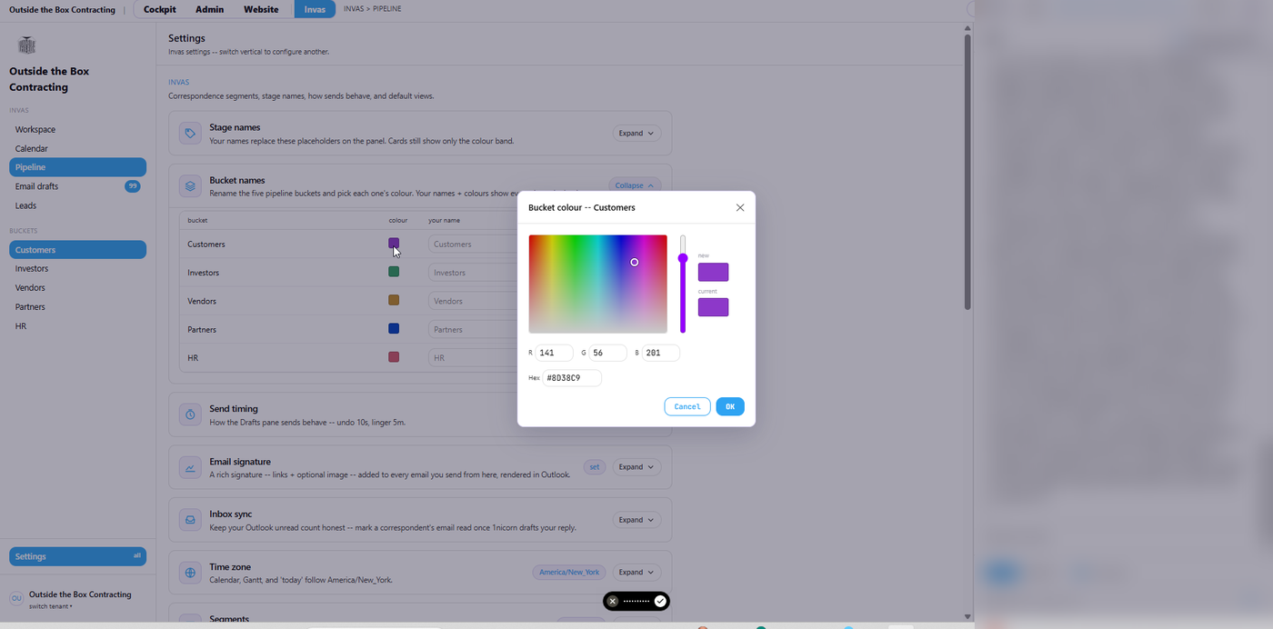 Fig 13. Bucket colour: a full picker with a live hex value, so the pipeline matches your brand.